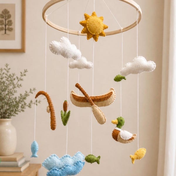 Fishing Baby Mobile - Woodland Nursery - Duck Nursery Mobile -Neutral Baby Room