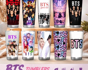 Vaso térmico personalizado de 590 ml (20 oz) de BTS para viajes en coche – Nombre y número personalizados, regalo para fans del K-Pop ARMY, vasos para fans de BTS, ideal para el uso diario en conciertos.