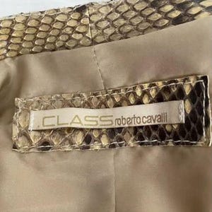 May include: A garment featuring a snakeskin pattern in shades of brown, tan, and black. A rectangular fabric label is stitched onto the interior, displaying the text CLASS roberto cavalli in black lettering against a light beige background.