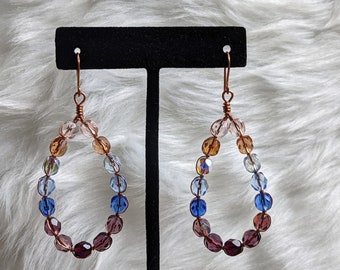 Wire Wrapped Statement Earrings / Czech Glass Teardrop earrings / Beaded Wire Loop Earrings / Boho Glass Beaded statement earrings