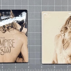 Pode incluir: Duas bases quadradas. Uma mostra as costas de uma pessoa com o texto "THE VAMPIRE LESTAT". A outra tem um retrato em tons sépia da mesma pessoa com cabelo comprido. As bases são provavelmente de cerâmica.