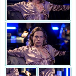 May include: A 4x7 sticker sheet titled What Does The Scalpel Do? featuring four distinct photographic images of a person with long blonde hair wearing a mauve satin shirt with a ruched front, displaying visible red markings on their chest.