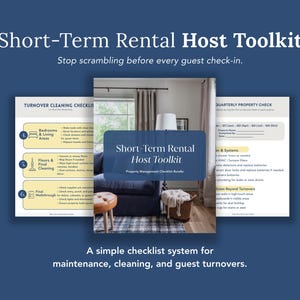 May include: A blue graphic with the text "Short-Term Rental Host Toolkit" and "Stop scrambling before every guest check-in." The image shows checklists for cleaning and maintenance, with the tagline "A simple checklist system for maintenance, cleaning, and guest turnovers."