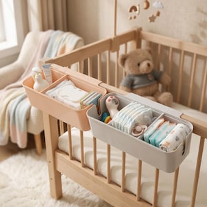 May include: Two rectangular plastic storage bins attached to the side of a wooden crib. The peach-colored bin holds a white bottle and wipes, while the gray bin contains folded diapers, a pacifier, and small baby items organized in compartments.