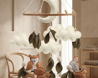 Woodland babymobiel voor wieg, bos dierenwieg mobiel, neutraal boho kinderdagverblijf decor, Montessori babymobiel, hertenuil eekhoorn