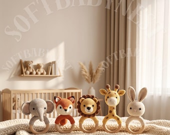 Sonaglio a forma di animale all'uncinetto, massaggiagengive in legno per neonati, giocattolo sensoriale per neonati, giocattolo per neonati a forma di animale, regalo per baby shower, giocattolo per neonati