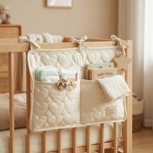 May include: A cream-colored quilted crib organizer featuring a heart pattern, two large pockets, and fabric ties for attachment. The pockets contain diapers, wipes, two pacifiers, two books labeled baby book, and a folded cloth, with a star-shaped tag.