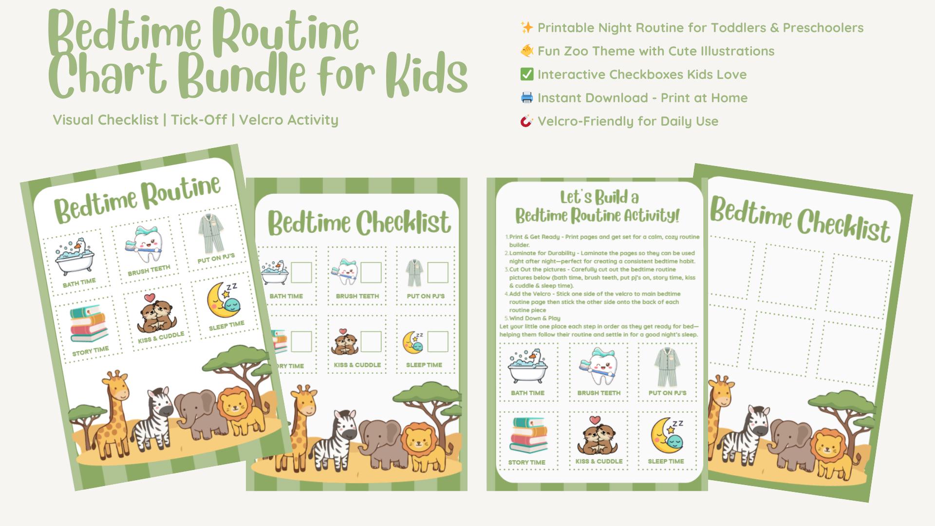 Kids Bedtime Routine Chart Bundle | Visual Checklist, Tick-off, Velcro ...