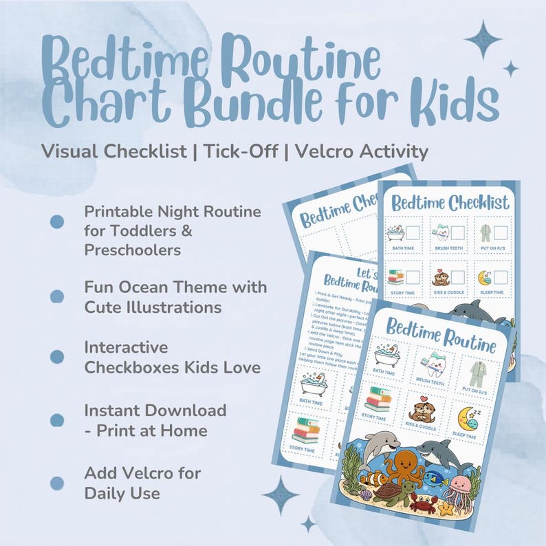 Kids Bedtime Routine Chart Bundle | Ocean Theme Visual Checklist ...