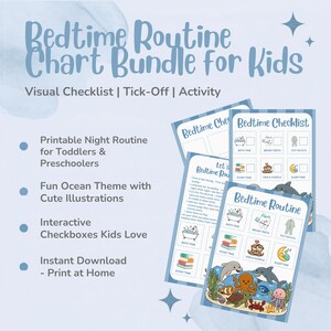 Kids Bedtime Routine Chart Bundle | Ocean Theme Visual Checklist (Digital Download)