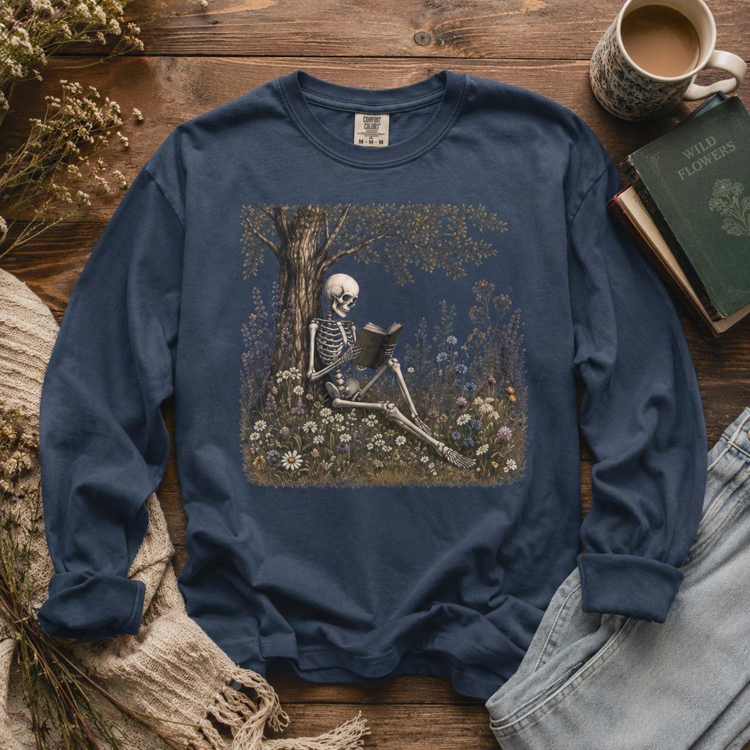 Reading Skeleton Long Sleeve T-Shirt | Skeleton in Wildflower Meadow | Spooky Season