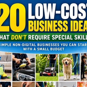 May include: A graphic poster titled 20 LOW-COST BUSINESS IDEAS THAT DON'T REQUIRE SPECIAL SKILLS, featuring text about simple non-digital businesses with a small budget and a collage of images showing cleaning, lawn mowing, and dog walking.