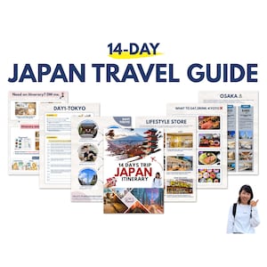 Könnte beinhalten: Ein 14-Tage Japan Reiseführer mit dem Text "14-DAY JAPAN TRAVEL GUIDE". Der Reiseführer enthält Reiseroutenseiten mit Fotos von japanischen Sehenswürdigkeiten und Essen. Eine Frau gibt einen Daumen hoch.