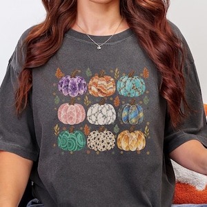 May include: A charcoal grey short-sleeve t-shirt featuring a graphic print of nine pumpkins arranged in a three-by-three grid. Each pumpkin displays a unique pattern, including textures resembling amethyst, marble, turquoise, and various mineral stones.