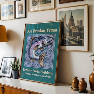 May include: A framed teal poster with a gold border, featuring a detailed illustration of a salmon. The poster includes text in Gaelic, with the words "An Bradán Feasa" at the top and "Eochair Feasa Foghlaim" at the bottom, with the phrase "Learning is the key to knowledge".