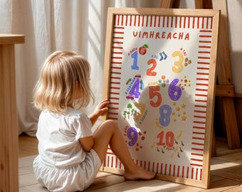 Irish Numbers Print for Kids | Uimhreacha 1–10 Poster | Gaeilge Nursery | Red Version