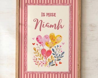 Personalised Irish Name Print | Is Mise  Nursery Wall Art | Pink Flowers