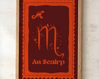 An Scairp Irish Zodiac Print | Scorpio Wall Art as Gaeilge | Irish Star Sign Print | Astrology Gift | Scorpio Gift | Irish Language Print