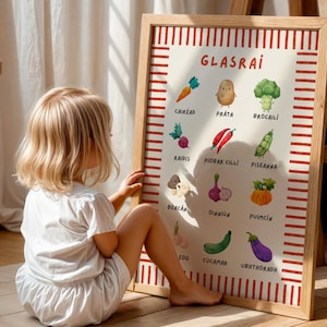 Könnte beinhalten: Ein gerahmtes Lernposter mit farbenfrohen Gemüseillustrationen und fremdsprachigen Namen. Der Rahmen hat einen rot-weiß gestreiften Rand. Ein kleines Kind sitzt auf dem Boden und betrachtet das Poster.