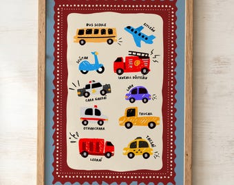 Irish Vehicles Print | Gaeilge Playroom Décor | Fun Kids Print