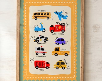 Irish Vehicles Print | Gaeilge Playroom Décor | Fun Green Kids Print