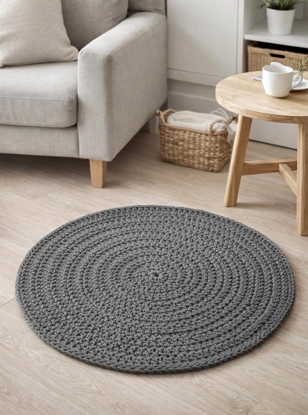 Cord Rug Round Macrame Rug Graphite, Scandinavian Crochet Carpet, Modern Boho ...
