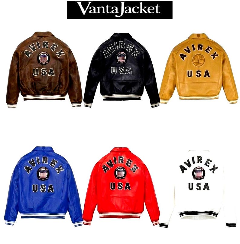 May include: A collection of six leather bomber jackets in various colors: brown, black, yellow, blue, red, and white. Each jacket features the "AVIREX" logo and "USA" text on the back, with striped cuffs and hem. The brand name "VantaJacket" is displayed at the top.
