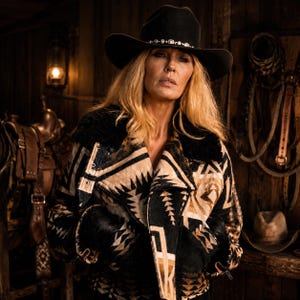 Handmade Ranch Beth Dutton Kelly Reilly Wool Aviator Jacket with Shearling Collar Aztec Pattern