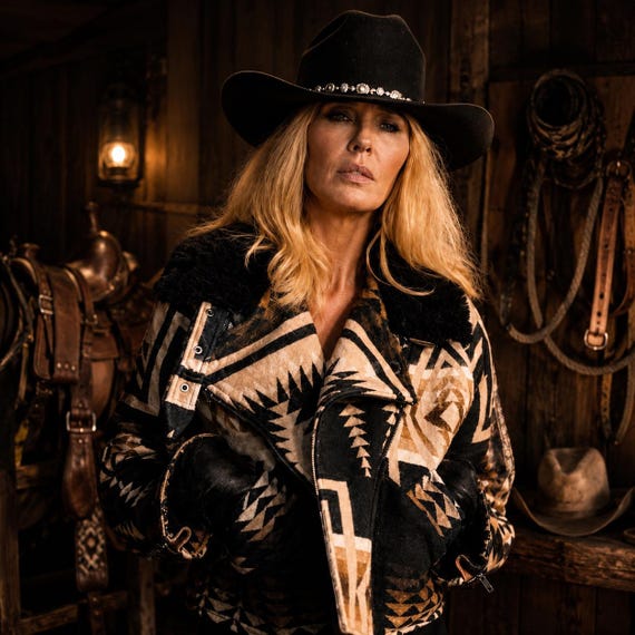 Handmade Ranch Beth Dutton Kelly Reilly Wool Aviator Jacket with Shearling Collar Aztec Pattern