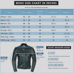 May include: A size chart for men's jackets, in inches, with measurements for chest, shoulders, and sleeves. The chart includes sizes from XS to 4XL. A diagram illustrates how to measure the chest, shoulder, and full arm length.
