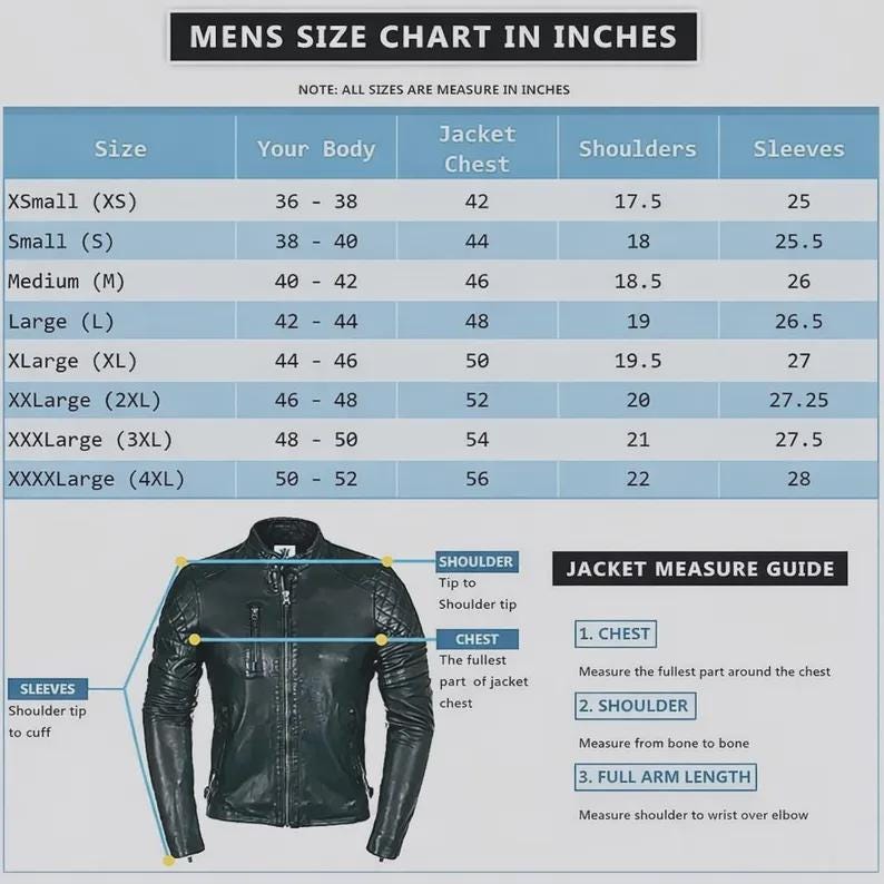 May include: A size chart for men's jackets, in inches, with measurements for chest, shoulders, and sleeves. The chart includes sizes from XS to 4XL. A diagram illustrates how to measure the chest, shoulder, and full arm length.