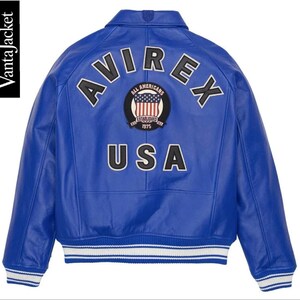 May include: A vibrant blue leather jacket with the word "AVIREX" arched across the back in white lettering. Below the word "AVIREX" is a patch with the words "ALL AMERICANS" and "ESTABLISHED 1975". The word "USA" is below the patch.