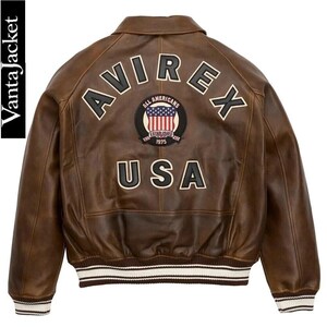 May include: Brown leather jacket with the word "AVIREX" across the back in white block letters. Below the word "AVIREX" is a patch with the words "ALL AMERICANS ESTABLISHED 1975" and a USA flag design. The word "USA" is below the patch. The jacket has a white and brown striped trim.