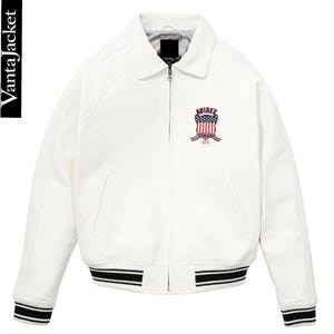 May include: White bomber jacket with a collar, zipper closure, and black and white striped cuffs and hem. Features an embroidered emblem with the text "AVIREX" and an American flag design. The jacket has the text "VantaJacket" on the left side.