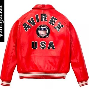May include: A vibrant red leather jacket with the word "AVIREX" arched across the back in white lettering. Below the name is a circular patch with the words "ALL AMERICANS" and "ESTABLISHED 1975" surrounding a US flag design. The word "USA" is printed below the patch.