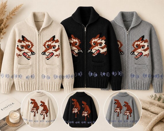 Fox Knit Wool Cardigan Inspired by Hail Mary Vintage Style Zip Up Canadian Sweater