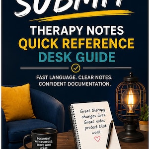 Könnte beinhalten: Ein Buchcover mit dem Titel BEFORE YOU HIT SUBMIT THERAPY NOTES QUICK REFERENCE DESK GUIDE. Das Cover zeigt einen dunkelblauen Hintergrund, einen gelben Stuhl, eine schwarze Tasse mit Text, ein Spiralnotizbuch mit Text und eine Lampe. Autorin Kara Ash.