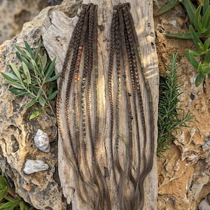Könnte beinhalten: Zwei Sets aus braunen und hellbraunen geflochtenen Haarverlängerungen mit dekorativen Perlen und Akzenten. Die Extensions werden auf einem Stück verwittertem Holz mit Grün und einer Muschel im Hintergrund präsentiert.