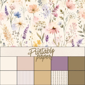 Watercolor Wildflower Digital Paper Bundle | Pastel Floral Seamless Patterns & Solid Colors | Scrapbook Paper | Printable Background Pack