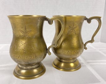 Vintage BRASS Beer tankard with etched Saudi Arabia emblem - set of 2