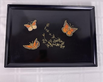 Vintage Couroc Monterey California Butterfly Black Satin Inlaid Tray 18 X 12-1/2