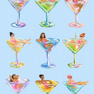 Può includere: Un'illustrazione digitale su sfondo azzurro che mostra nove diversi bicchieri da martini, ognuno contenente una figura in costume da bagno rosa e occhiali da sole, che si rilassa nel liquido colorato, con alcune figure che tengono guarnizioni.