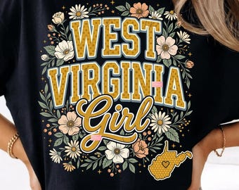 Imagen PNG de una chica de Virginia Occidental, orgullo estatal de Virginia Occidental en formato PNG, lindo diseño de camiseta retro floral para mujer, regalo de recuerdo campestre, sublimación gráfica para viajes y vacaciones