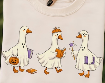 Spooky Ghost Goose Reading Books PNG, Halloween Goose Shirt PNG, Cute Librarian Goose, Teacher Fall Reading Digital Download