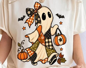 Patchwork Ghost Pumpkin Halloween PNG, Rustic Farmhouse Png , Fall Sublimation Graphic , Ghost With Pumpkin Purse, Coquette Halloween Png