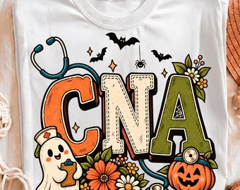CNA Halloween PNG, Spooky Nurse Pumpkin Floral Design, Cute Ghost CNA Shirt, Medical Halloween Sublimation, Digital Download
