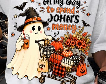 Custom Name Halloween PNG , On My Way To Spend My Husband's Money PNG, Funny Halloween Shopping PNG, Retro Ghost Shopping Shirt Design