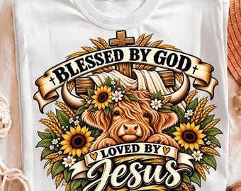 Blessed by God PNG | Christian Highland Cow Png Floral Quote Design | Faith Inspirational Sublimation File | Instant Download