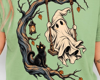 Ghost Swing PNG, Black Cat Halloween PNG, Witch Ghost Fall Design, Spooky Cat Sublimation, Autumn Halloween Shirt, Digital Download