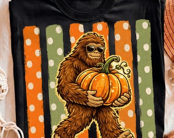 Floral Bigfoot Pumpkin PNG, Cute Sasquatch Fall Clipart, Striped Pumpkin Watercolor, Autumn Harvest Digital Download,Cozy Season Sublimation
